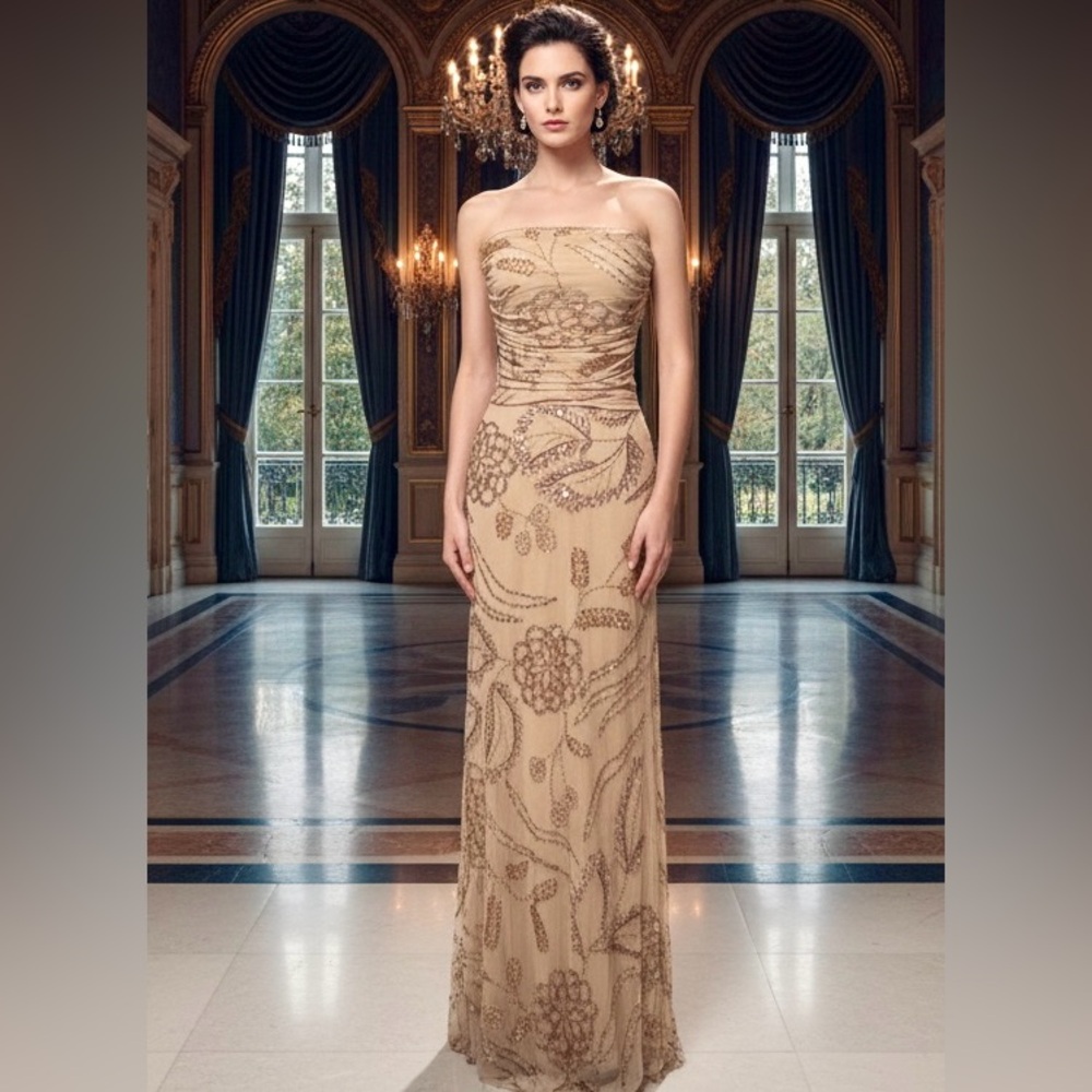 Elegant Strapless hand beaded gold Evening Gown-stretch-Attitudes by Debra NWT